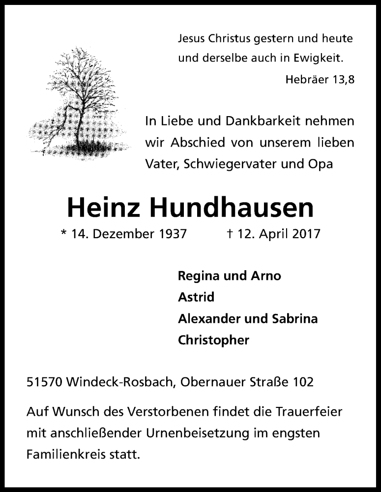 Traueranzeige für Heinz Hundhausen vom 20.04.2017 aus Kölner Stadt-Anzeiger / Kölnische Rundschau / Express