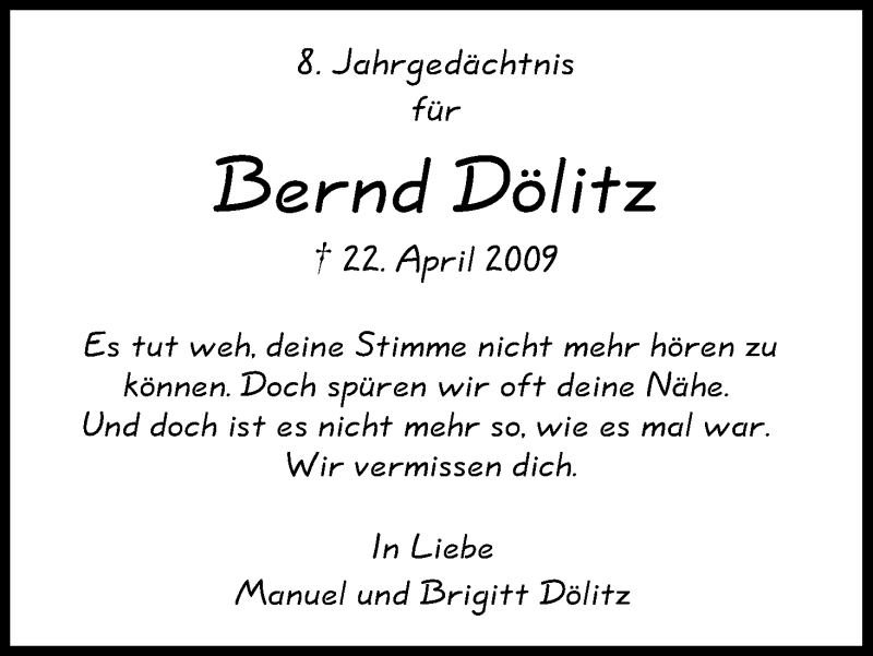  Traueranzeige für Bernd Dölitz vom 22.04.2017 aus Kölner Stadt-Anzeiger / Kölnische Rundschau / Express