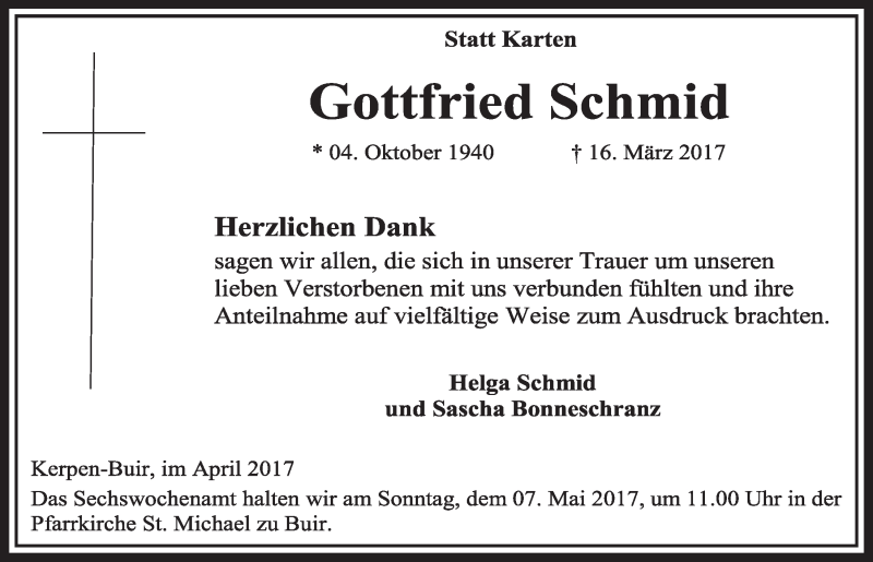  Traueranzeige für Gottfried Schmid vom 29.04.2017 aus  Sonntags-Post 