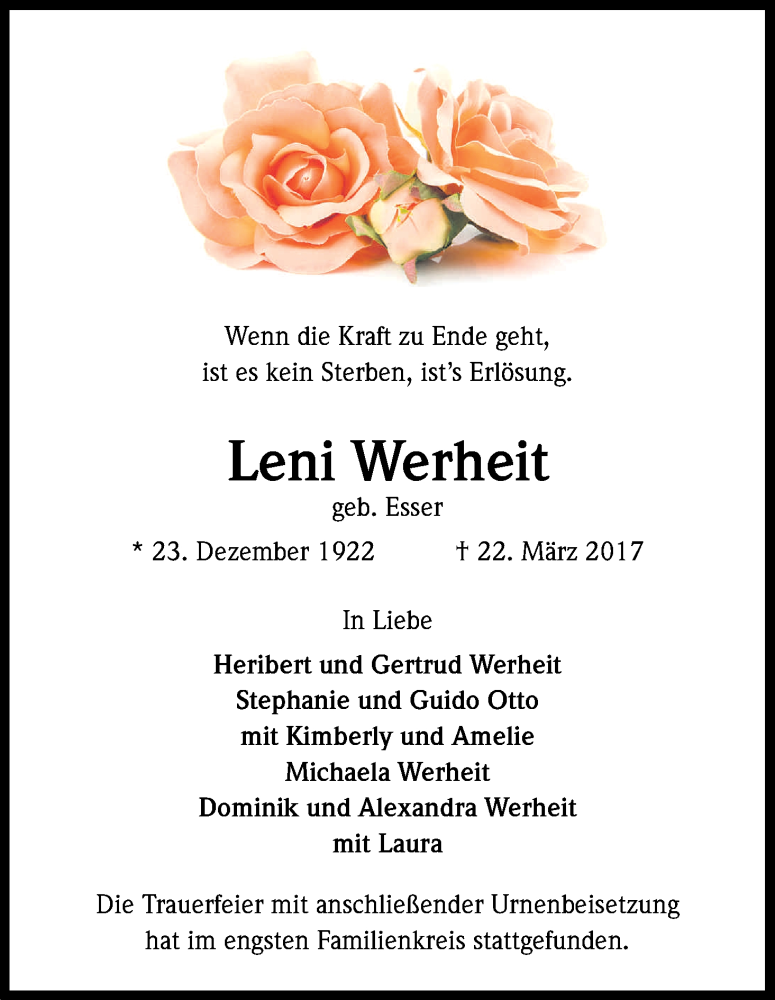  Traueranzeige für Leni Werheit vom 15.04.2017 aus Kölner Stadt-Anzeiger / Kölnische Rundschau / Express