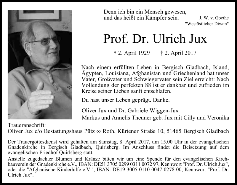 Traueranzeige für Ulrich  Jux vom 05.04.2017 aus Kölner Stadt-Anzeiger / Kölnische Rundschau / Express