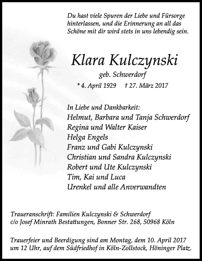  Traueranzeige für Klara Kulczynski vom 01.04.2017 aus Kölner Stadt-Anzeiger / Kölnische Rundschau / Express