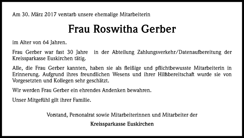  Traueranzeige für Roswitha Gerber vom 08.04.2017 aus Kölner Stadt-Anzeiger / Kölnische Rundschau / Express