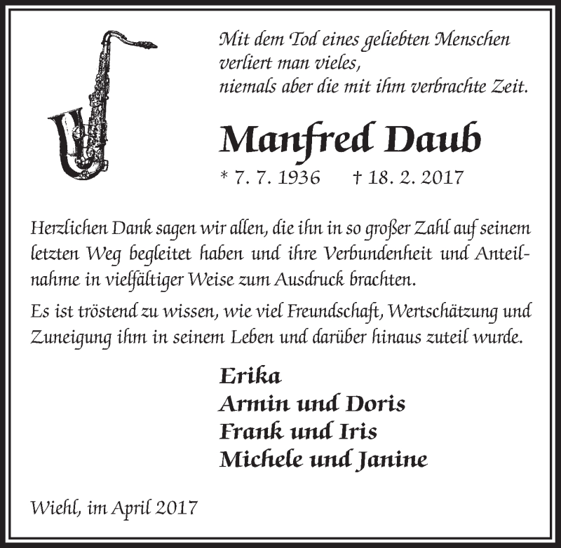  Traueranzeige für Manfred Daub vom 26.04.2017 aus  Anzeigen Echo 