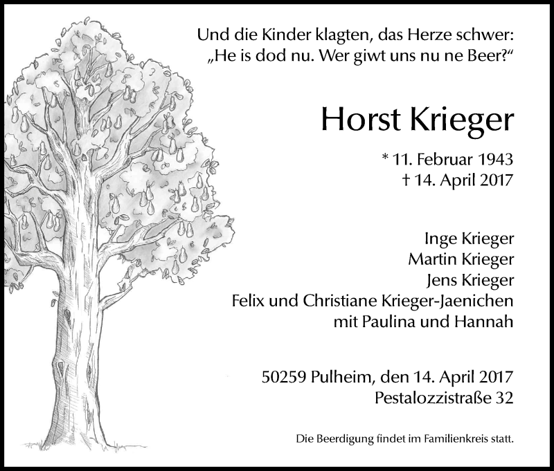  Traueranzeige für Horst Krieger vom 22.04.2017 aus Kölner Stadt-Anzeiger / Kölnische Rundschau / Express