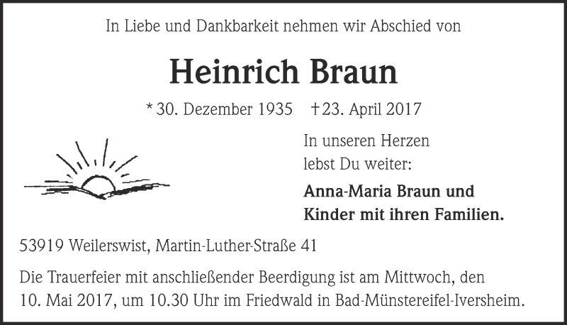  Traueranzeige für Heinrich Braun vom 29.04.2017 aus  Blickpunkt Euskirchen 