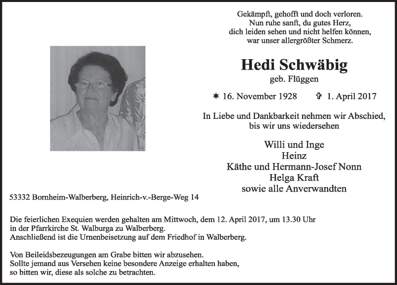  Traueranzeige für Hedi Schwäbig vom 05.04.2017 aus  Schlossbote/Werbekurier 