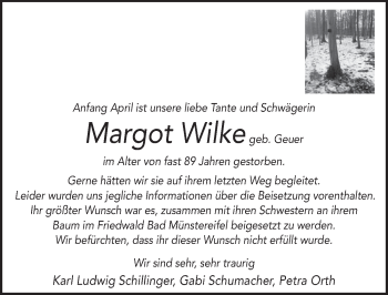 Anzeige von Margot Wilke von  Schlossbote/Werbekurier 