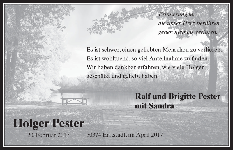  Traueranzeige für Holger Pester vom 05.04.2017 aus  Werbepost 