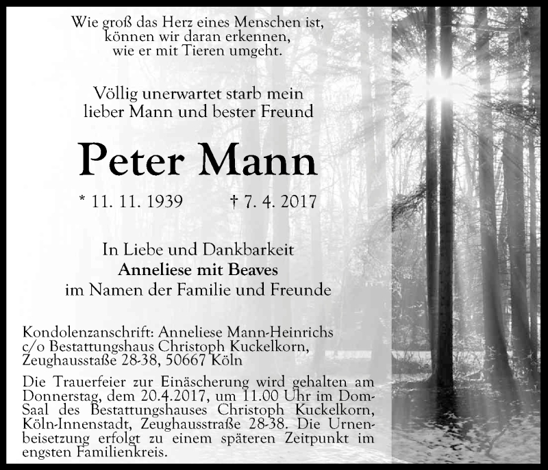  Traueranzeige für Peter Mann vom 15.04.2017 aus Kölner Stadt-Anzeiger / Kölnische Rundschau / Express