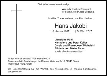 Anzeige von Hans Jakobi von Kölner Stadt-Anzeiger / Kölnische Rundschau / Express