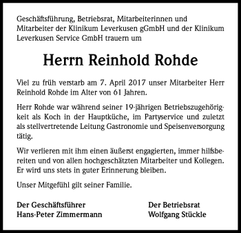 Anzeige von Reinhold Rohde von Kölner Stadt-Anzeiger / Kölnische Rundschau / Express