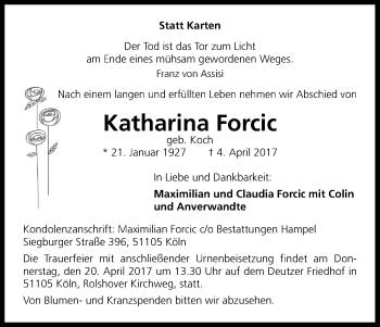 Anzeige von Katharina Forcic von Kölner Stadt-Anzeiger / Kölnische Rundschau / Express