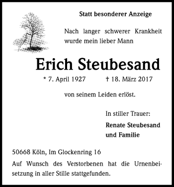 Anzeige von Erich Steubesand von Kölner Stadt-Anzeiger / Kölnische Rundschau / Express