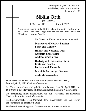 Anzeige von Sibilla Orth von Kölner Stadt-Anzeiger / Kölnische Rundschau / Express
