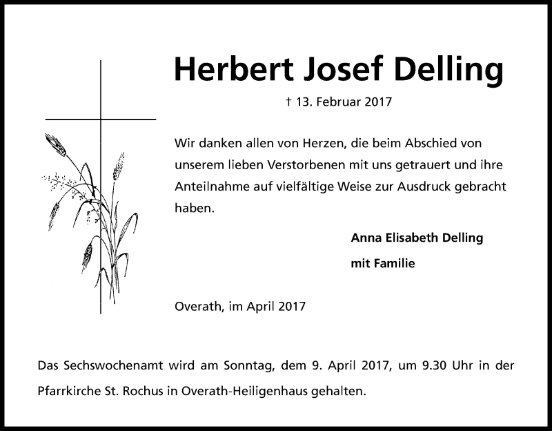  Traueranzeige für Herbert Josef Delling vom 01.04.2017 aus Kölner Stadt-Anzeiger / Kölnische Rundschau / Express