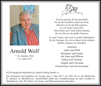 Anzeige von Arnold Wolf von  Sonntags-Post 