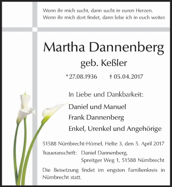 Anzeige von Martha Dannenberg von  Lokalanzeiger 