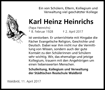 Anzeige von Karl Heinz Heinrichs von Kölner Stadt-Anzeiger / Kölnische Rundschau / Express