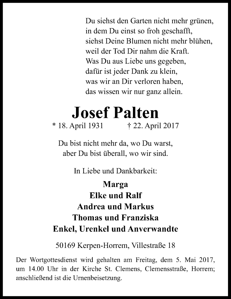  Traueranzeige für Josef Palten vom 29.04.2017 aus Kölner Stadt-Anzeiger / Kölnische Rundschau / Express