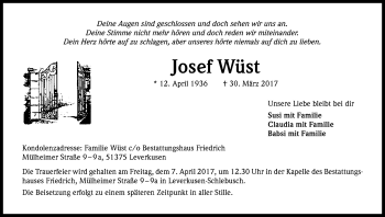 Anzeige von Josef Wüst von Kölner Stadt-Anzeiger / Kölnische Rundschau / Express