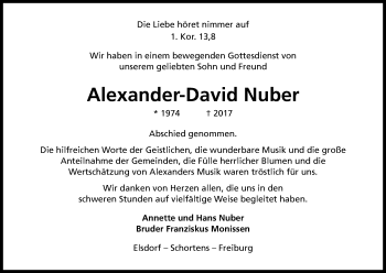 Anzeige von Alexander-David Nuber von Kölner Stadt-Anzeiger / Kölnische Rundschau / Express