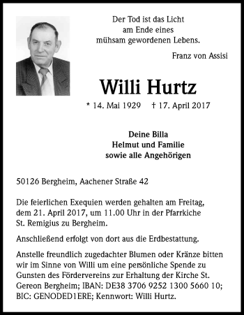 Anzeige von Willi Hurtz von Kölner Stadt-Anzeiger / Kölnische Rundschau / Express