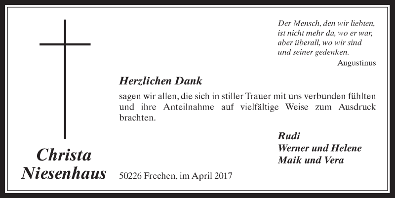  Traueranzeige für Christa Niesenhaus vom 05.04.2017 aus  Wochenende 
