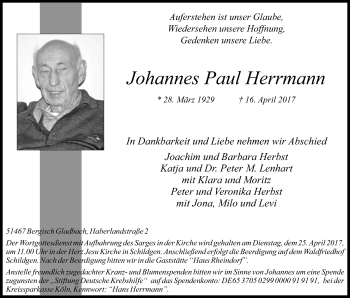 Anzeige von Johannes Paul Herrmann von Kölner Stadt-Anzeiger / Kölnische Rundschau / Express