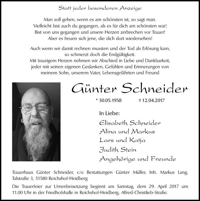  Traueranzeige für Günter Schneider vom 26.04.2017 aus  Bergisches Handelsblatt  Lokalanzeiger 