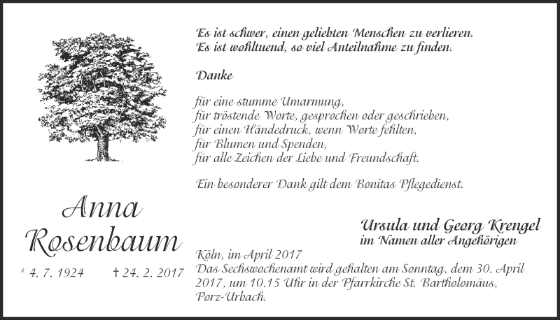  Traueranzeige für Anna Rosenbaum vom 05.04.2017 aus  Kölner Wochenspiegel 