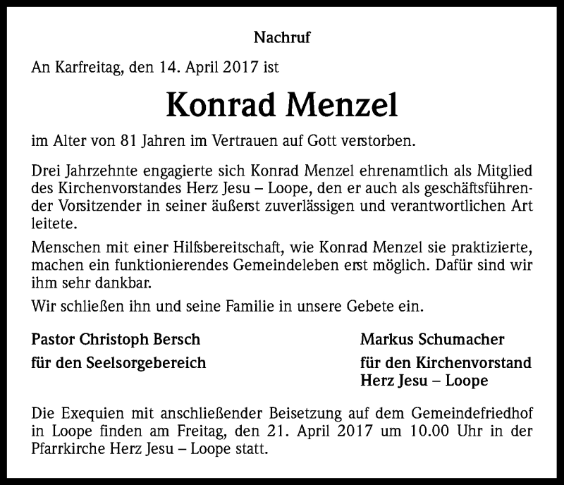  Traueranzeige für Konrad Menzel vom 20.04.2017 aus Kölner Stadt-Anzeiger / Kölnische Rundschau / Express