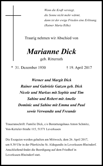 Anzeige von Marianne Dick von Kölner Stadt-Anzeiger / Kölnische Rundschau / Express
