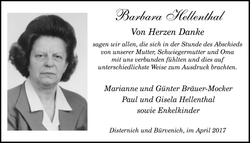  Traueranzeige für Barbara Hellenthal vom 22.04.2017 aus  Blickpunkt Euskirchen 