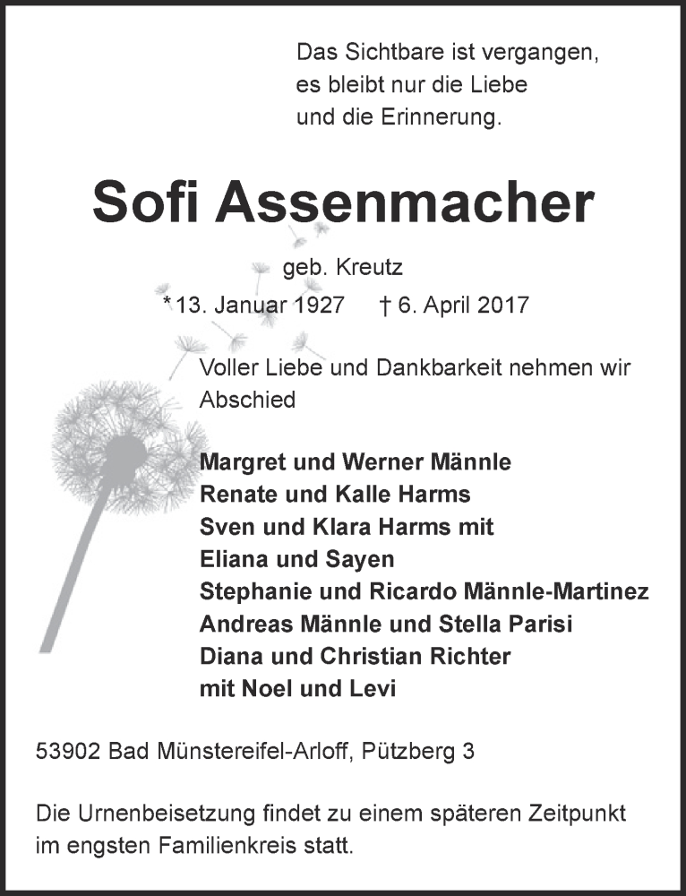  Traueranzeige für Sofi Assenmacher vom 15.04.2017 aus  Blickpunkt Euskirchen 
