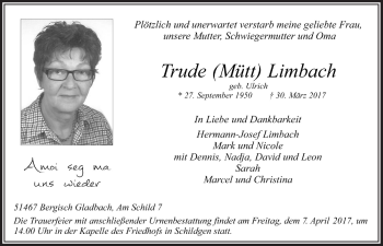 Anzeige von Trude  Limbach von  Bergisches Handelsblatt 