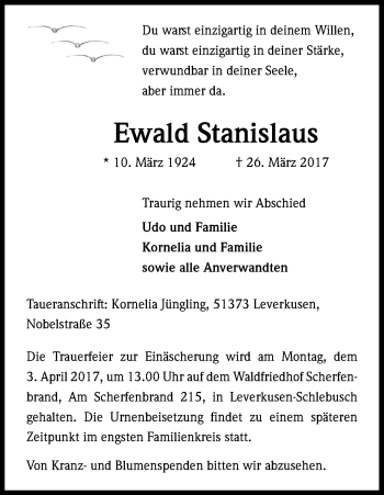 Anzeige von Ewald Stanislaus von Kölner Stadt-Anzeiger / Kölnische Rundschau / Express