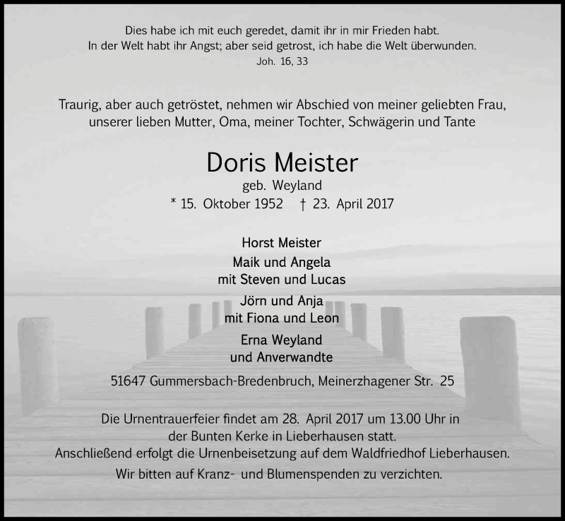  Traueranzeige für Doris Meister vom 26.04.2017 aus Kölner Stadt-Anzeiger / Kölnische Rundschau / Express