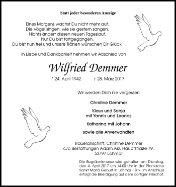 Anzeige von Wilfried Demmer von Kölner Stadt-Anzeiger / Kölnische Rundschau / Express
