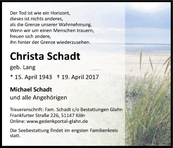 Anzeige von Christa Schadt von Kölner Stadt-Anzeiger / Kölnische Rundschau / Express