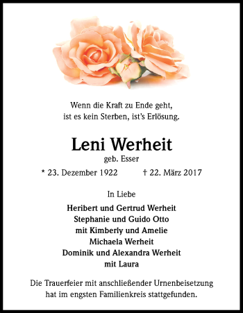 Anzeige von Leni Werheit von Kölner Stadt-Anzeiger / Kölnische Rundschau / Express