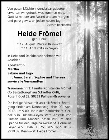 Anzeige von Heide Frömel von Kölner Stadt-Anzeiger / Kölnische Rundschau / Express
