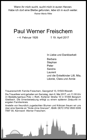 Anzeige von Paul Werner Freischem von Kölner Stadt-Anzeiger / Kölnische Rundschau / Express