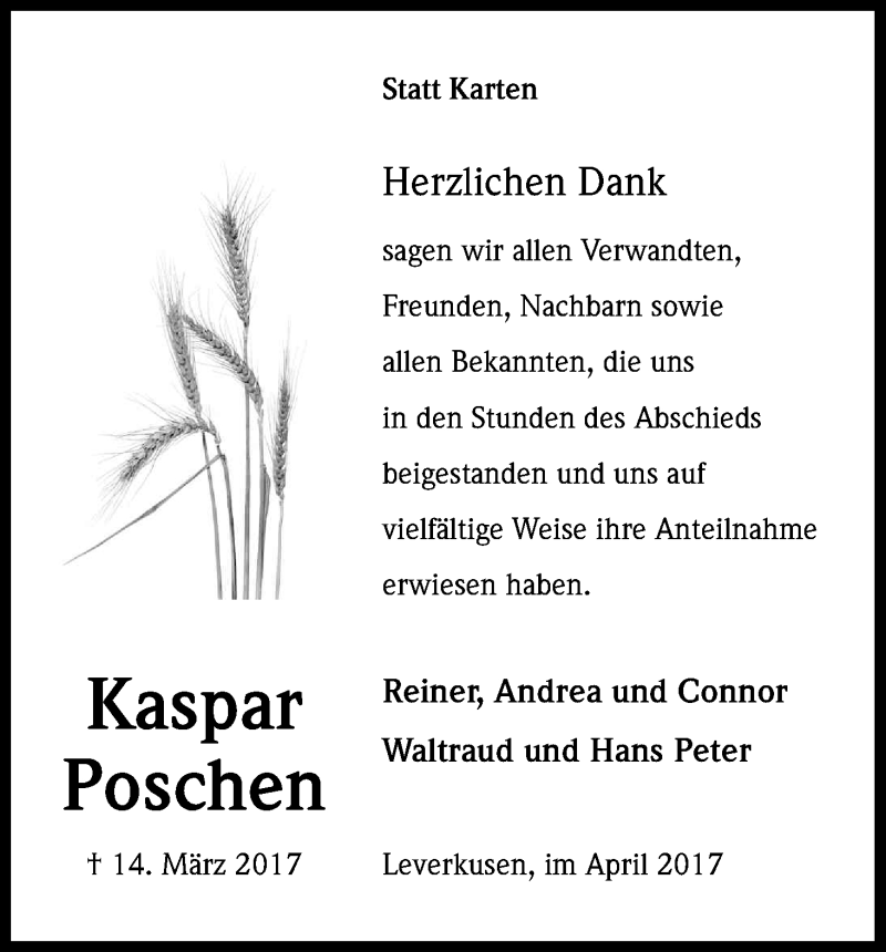 Traueranzeige für Kaspar Poschen vom 29.04.2017 aus Kölner Stadt-Anzeiger / Kölnische Rundschau / Express