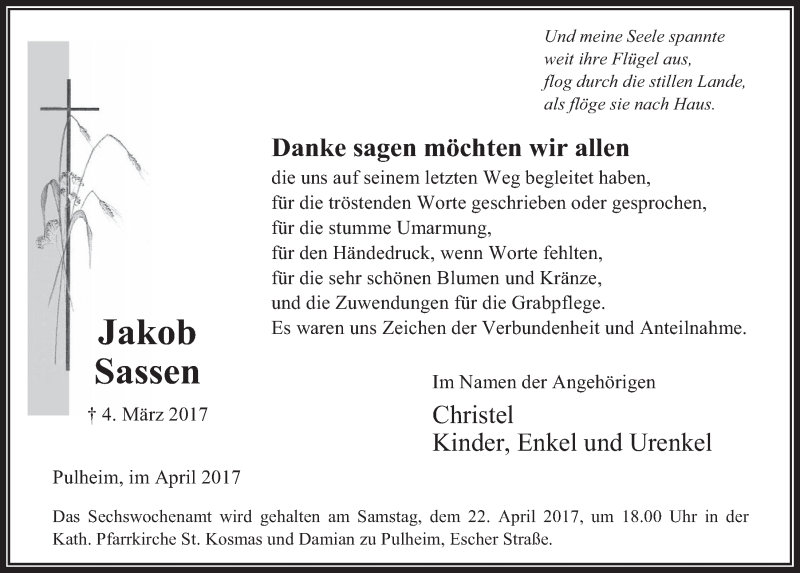  Traueranzeige für Jakob Sassen vom 12.04.2017 aus  Wochenende 