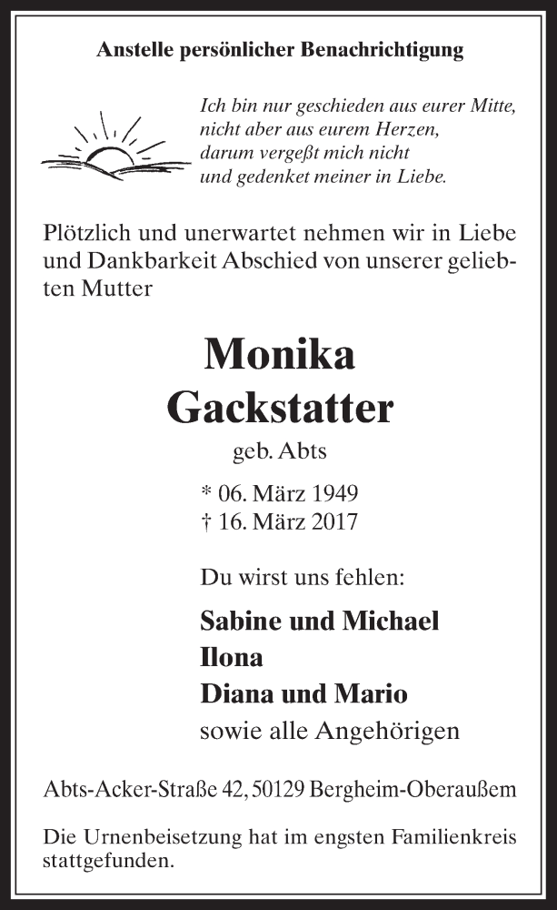  Traueranzeige für Monika Gackstatter vom 05.04.2017 aus  Werbepost 