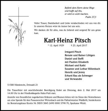 Anzeige von Karl-Heinz Pitsch von Kölner Stadt-Anzeiger / Kölnische Rundschau / Express