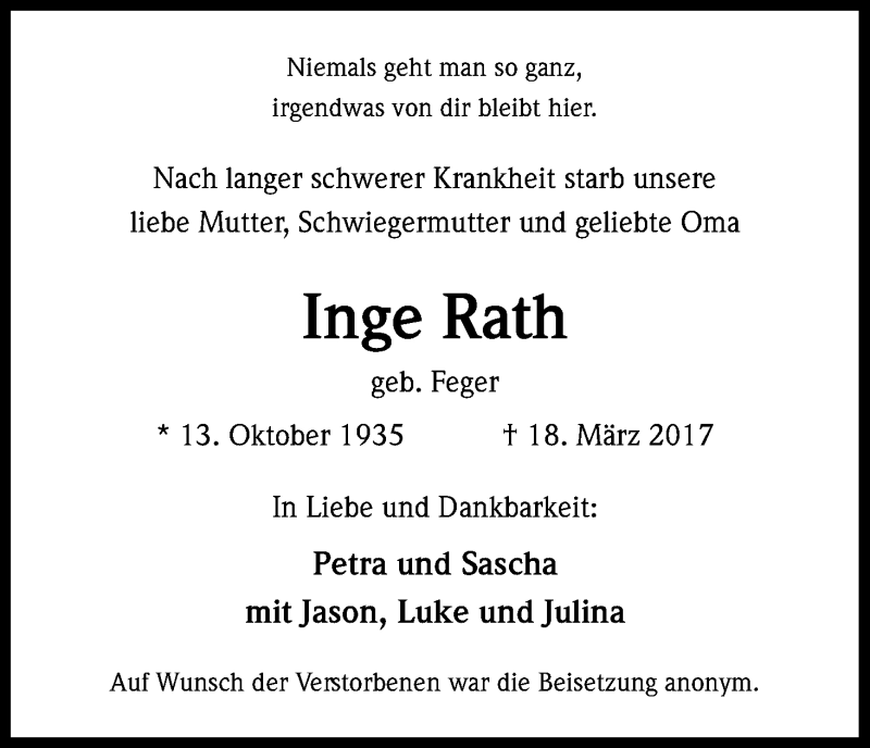  Traueranzeige für Inge Rath vom 01.04.2017 aus Kölner Stadt-Anzeiger / Kölnische Rundschau / Express