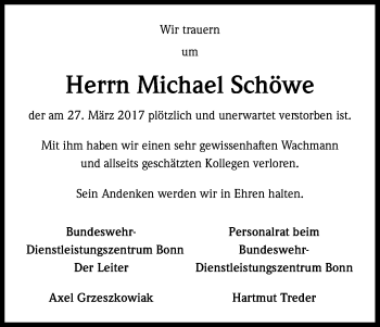 Anzeige von Michael Schöwe von Kölner Stadt-Anzeiger / Kölnische Rundschau / Express