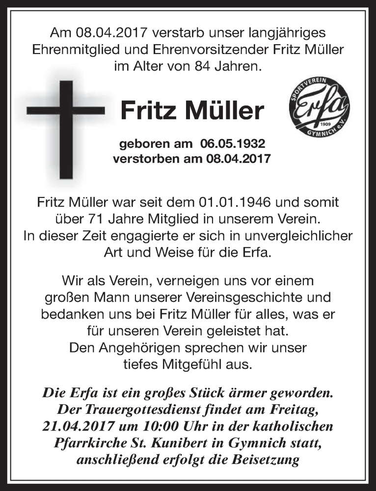  Traueranzeige für Fritz Müller vom 19.04.2017 aus  Werbepost 